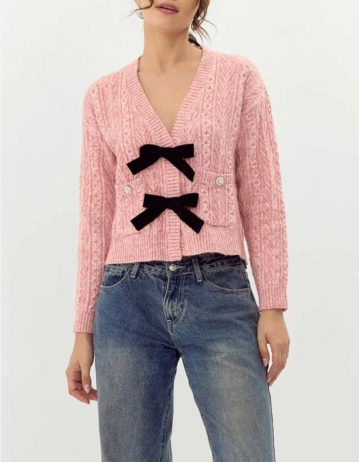 Women's Bow Front Cardigan Cropped Button Button Down V Neck Cropped Cable Knit Sweater Tops