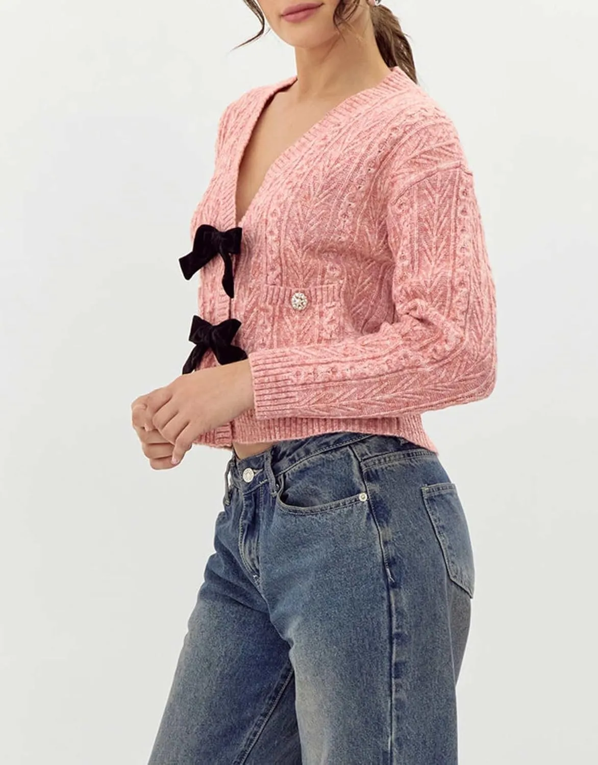 Women's Bow Front Cardigan Cropped Button Button Down V Neck Cropped Cable Knit Sweater Tops