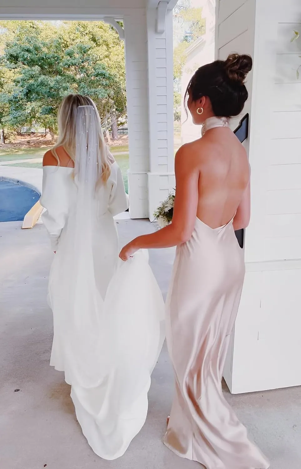 Women's Bridesmaid Dresses Halter Neck Mermaid Formal Maxi Dress Sleeveless Backless Satin Dress with Train DR0352