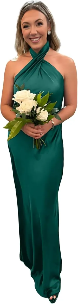 Women's Bridesmaid Dresses Halter Neck Mermaid Formal Maxi Dress Sleeveless Backless Satin Dress with Train DR0352