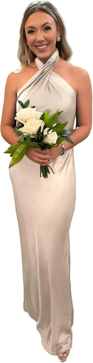 Women's Bridesmaid Dresses Halter Neck Mermaid Formal Maxi Dress Sleeveless Backless Satin Dress with Train DR0352