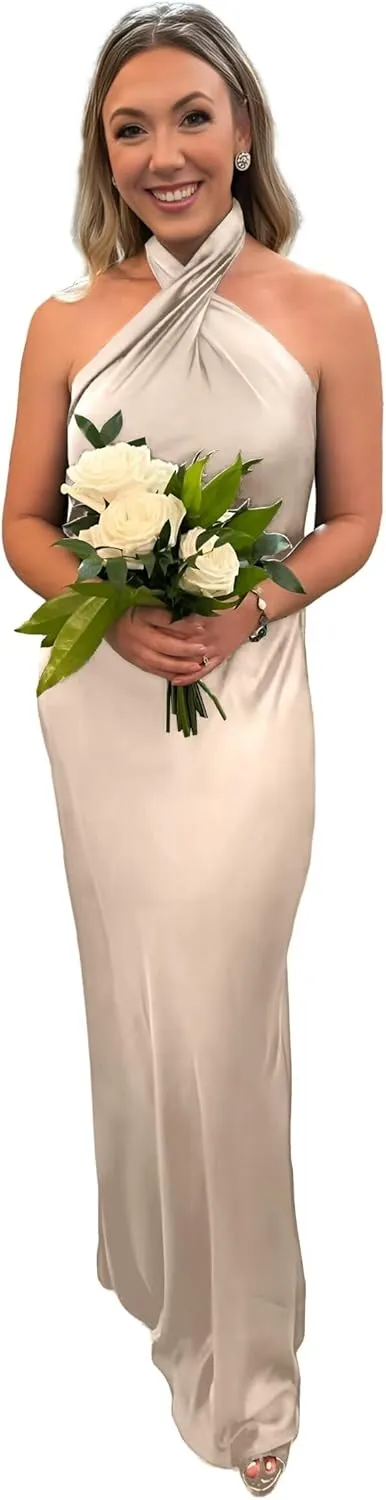 Women's Bridesmaid Dresses Halter Neck Mermaid Formal Maxi Dress Sleeveless Backless Satin Dress with Train DR0352