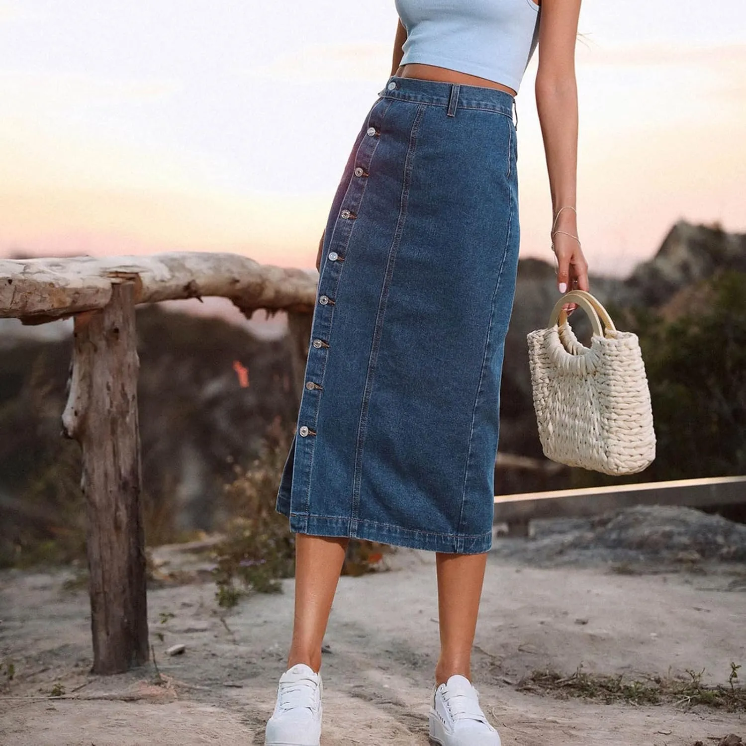 Women's Button Front Denim Skirt High Waisted Split Hem Bodycon Longline One Piece Jean Pencil Skirts