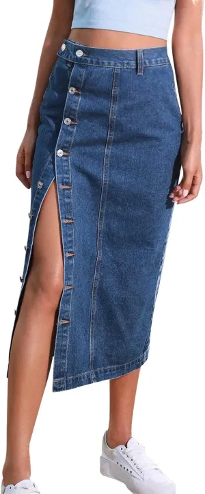 Women's Button Front Denim Skirt High Waisted Split Hem Bodycon Longline One Piece Jean Pencil Skirts