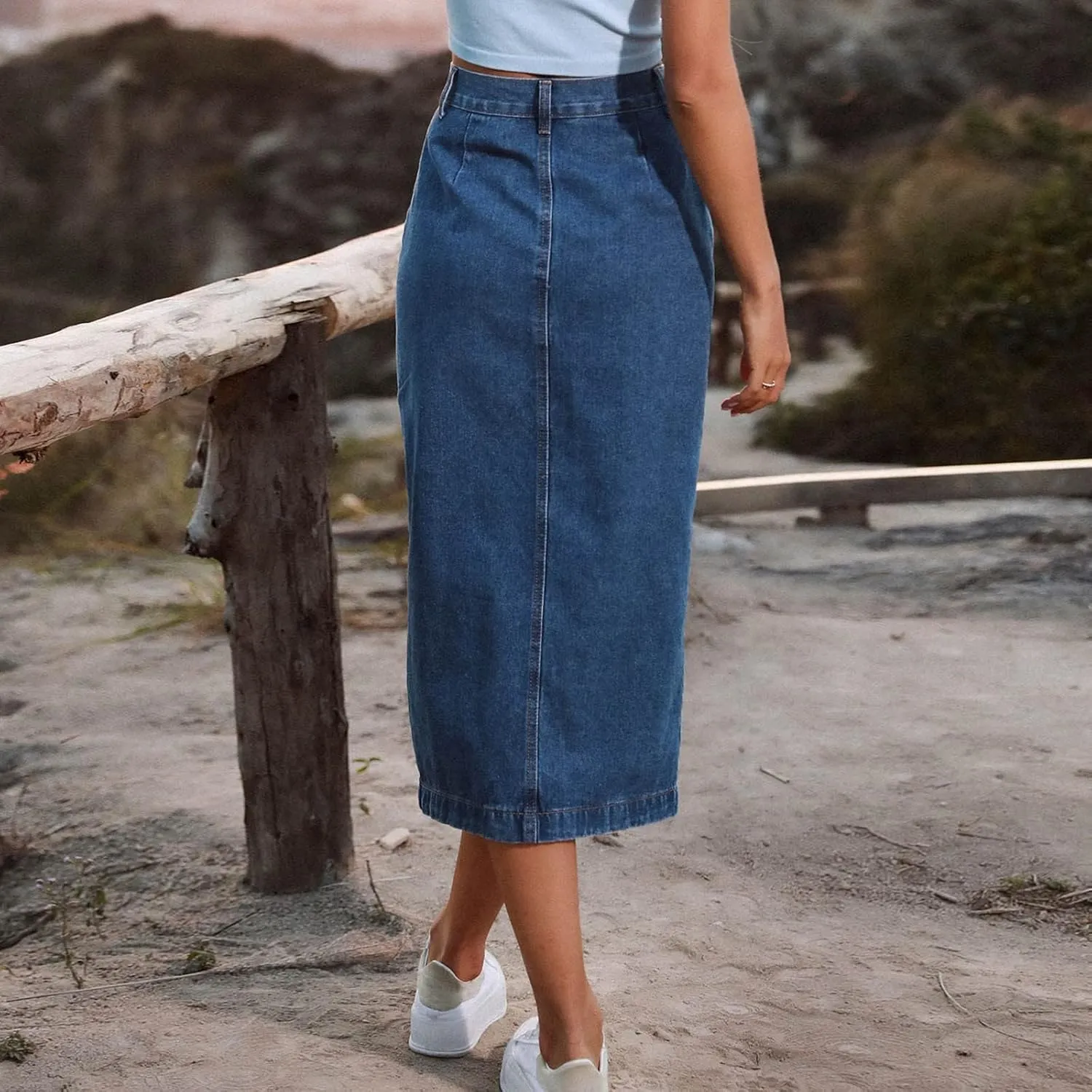 Women's Button Front Denim Skirt High Waisted Split Hem Bodycon Longline One Piece Jean Pencil Skirts