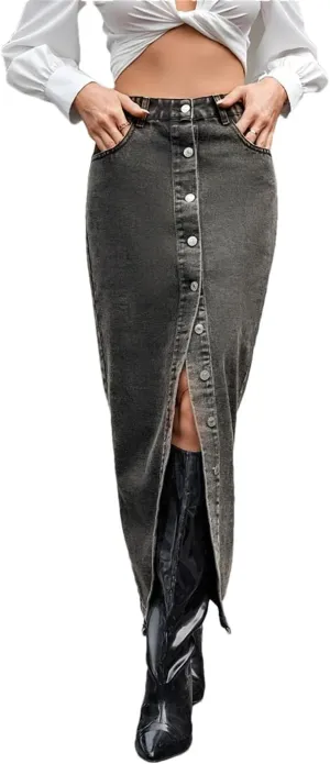 Women's Button Front Denim Skirt Retro High Waist Straight Jean Long Skirts