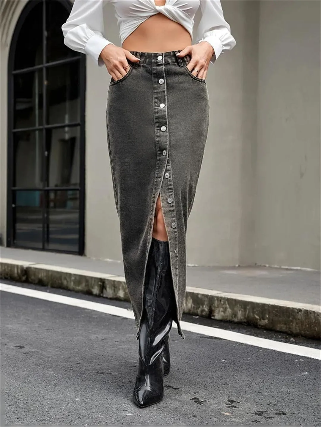 Women's Button Front Denim Skirt Retro High Waist Straight Jean Long Skirts