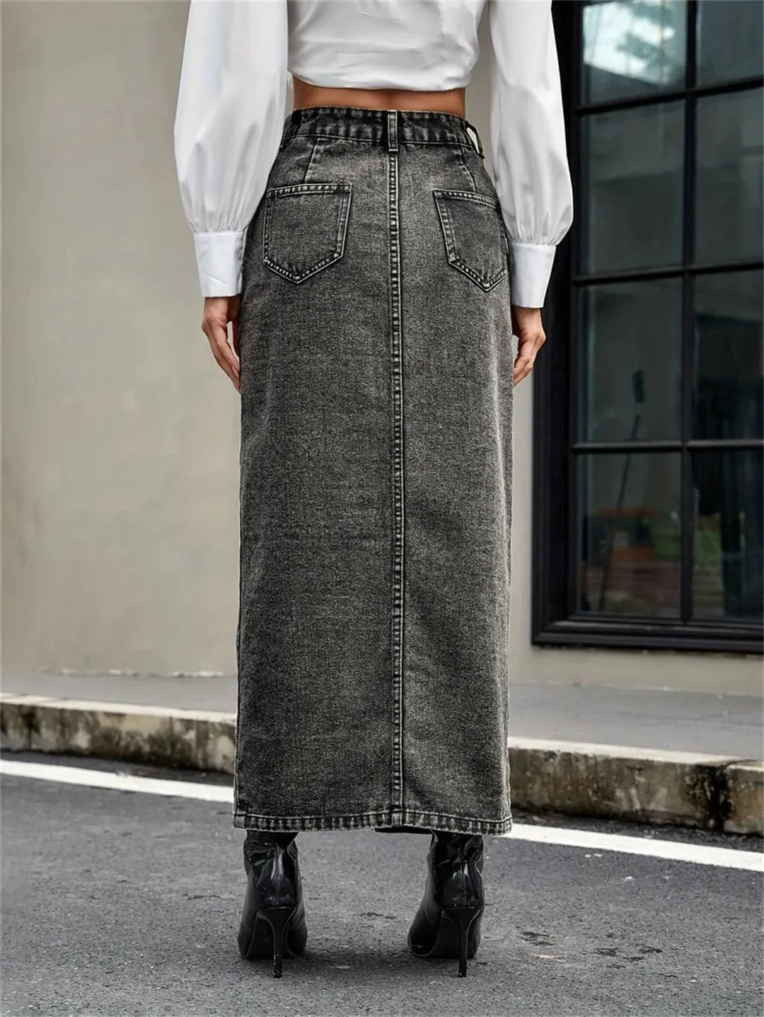 Women's Button Front Denim Skirt Retro High Waist Straight Jean Long Skirts