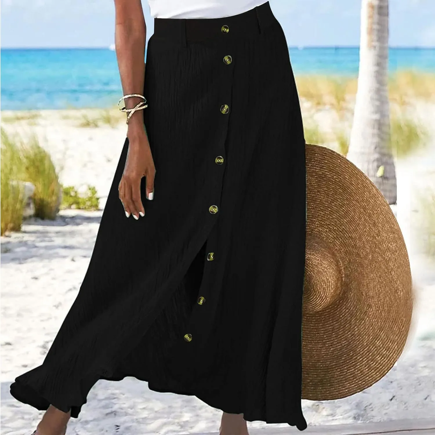 Womens Button Front Flowy Maxi Skirt High Waisted Plisse A Line Skirts 2025 Summer Casual Pleated Flared Long Skirt