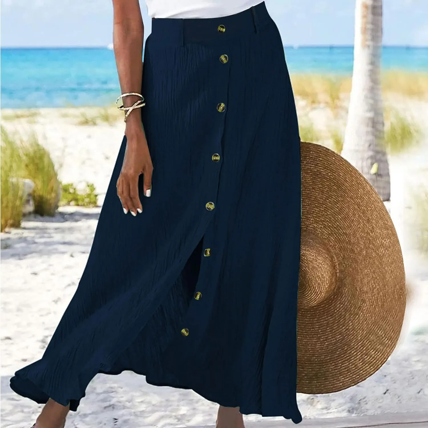 Womens Button Front Flowy Maxi Skirt High Waisted Plisse A Line Skirts 2025 Summer Casual Pleated Flared Long Skirt
