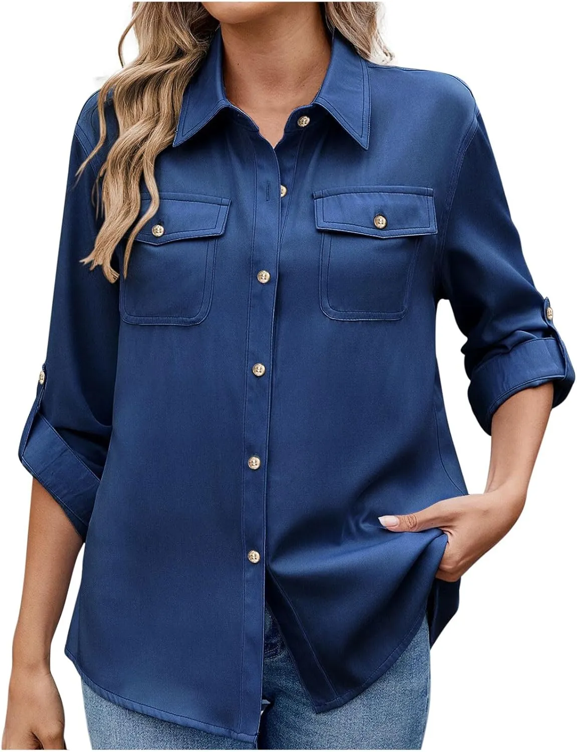 Womens Cargo Shirts UPF 50 UV Sun Protection Long Sleeve Button Blouse Safari Fishing Hiking Outdoor Shirt Loose Fit