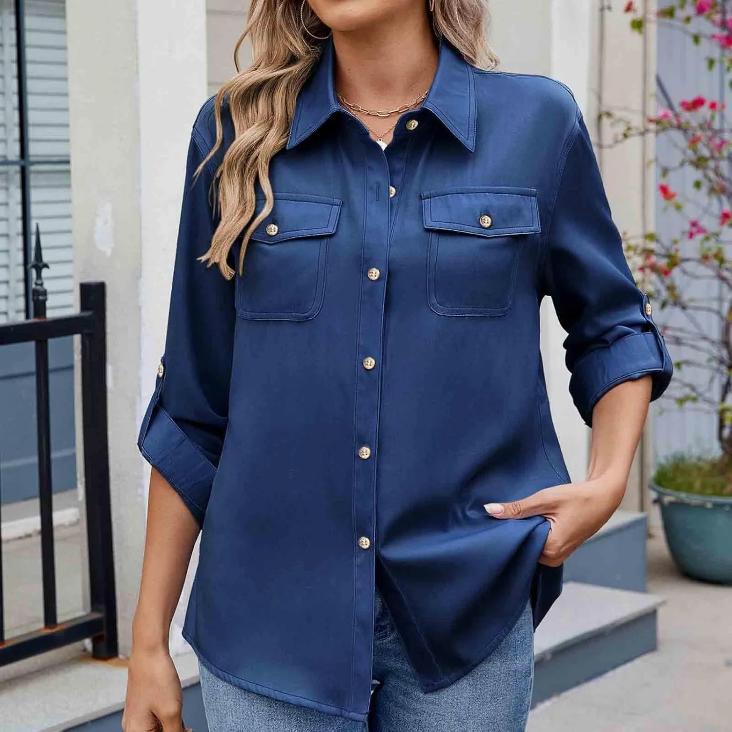 Womens Cargo Shirts UPF 50 UV Sun Protection Long Sleeve Button Blouse Safari Fishing Hiking Outdoor Shirt Loose Fit