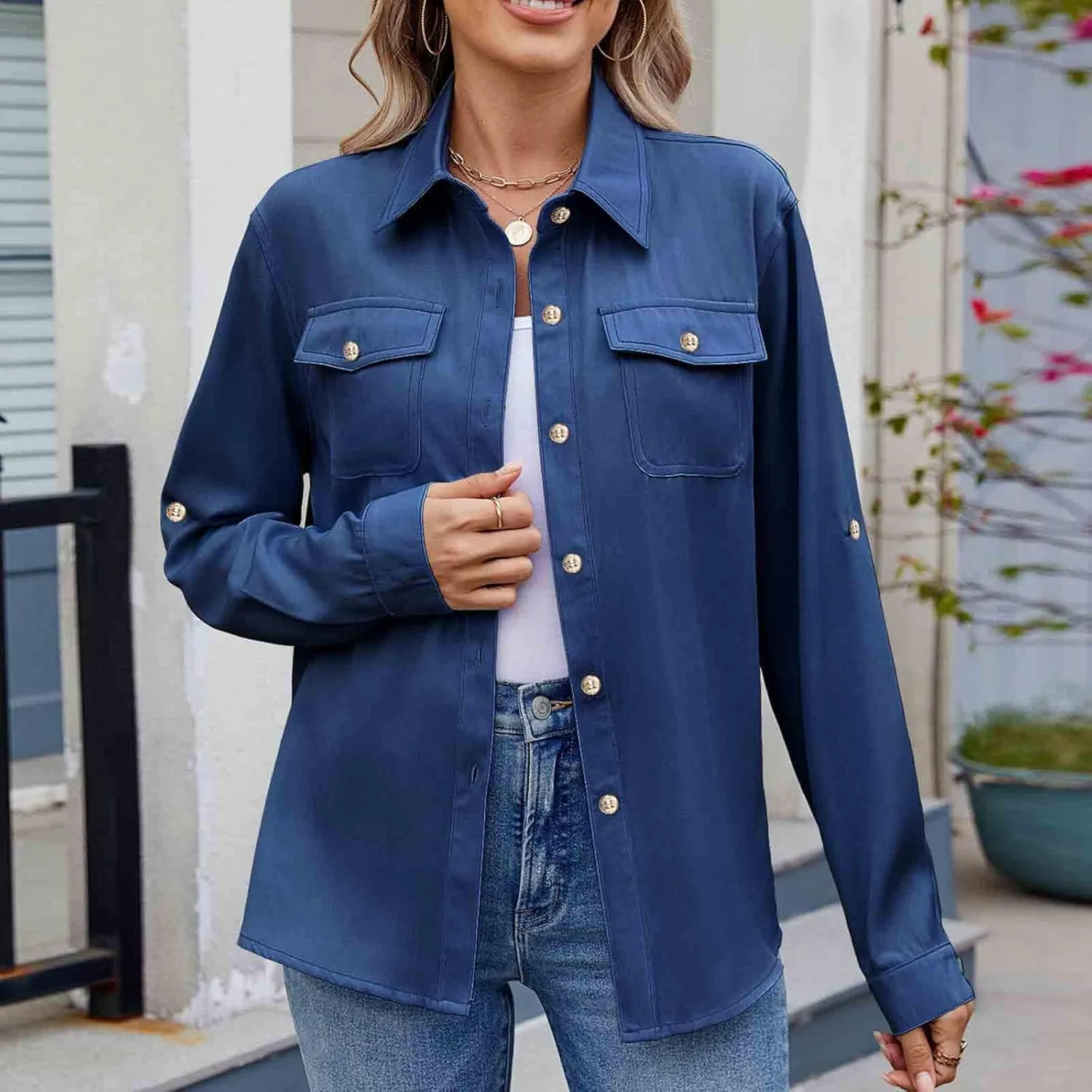 Womens Cargo Shirts UPF 50 UV Sun Protection Long Sleeve Button Blouse Safari Fishing Hiking Outdoor Shirt Loose Fit