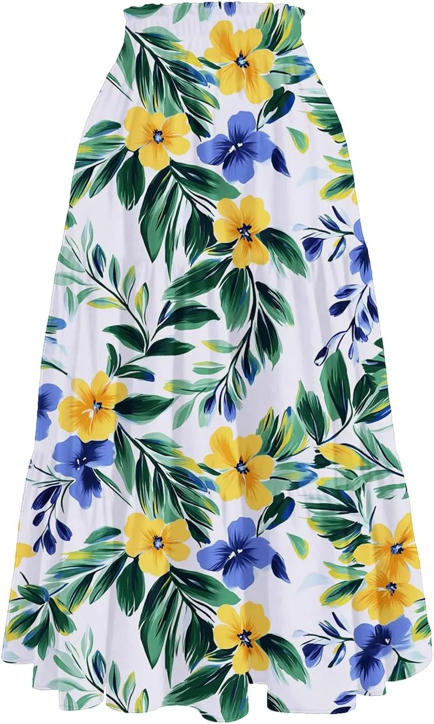 Women's Casual Beach Skirt Floral Elastic High Waist Pleated A-Line Flared Midi Skirts, S-XL