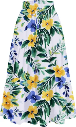 Women's Casual Beach Skirt Floral Elastic High Waist Pleated A-Line Flared Midi Skirts, S-XL