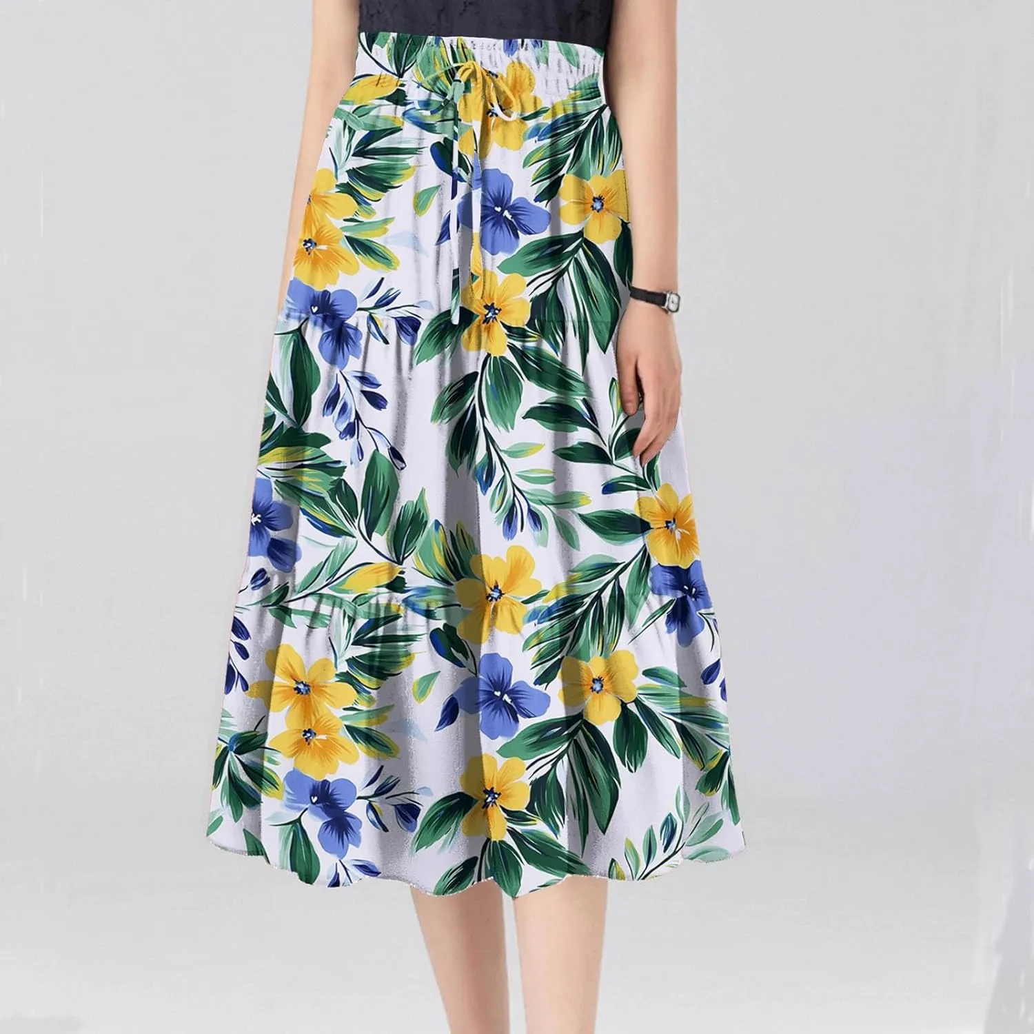 Women's Casual Beach Skirt Floral Elastic High Waist Pleated A-Line Flared Midi Skirts, S-XL