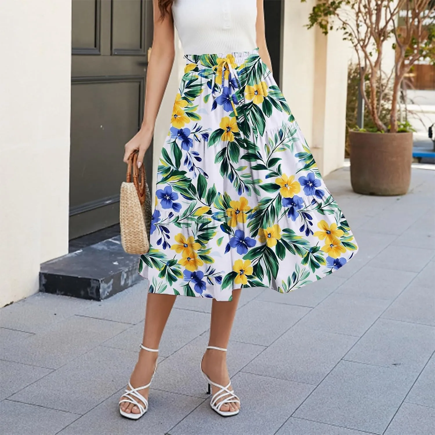 Women's Casual Beach Skirt Floral Elastic High Waist Pleated A-Line Flared Midi Skirts, S-XL