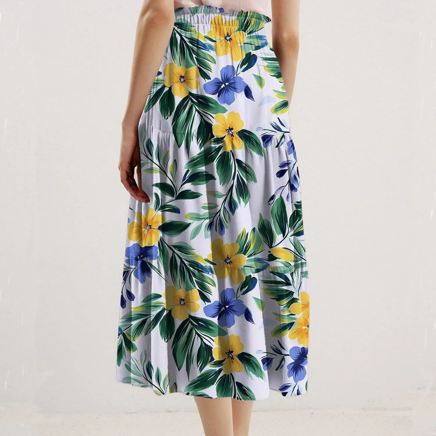 Women's Casual Beach Skirt Floral Elastic High Waist Pleated A-Line Flared Midi Skirts, S-XL