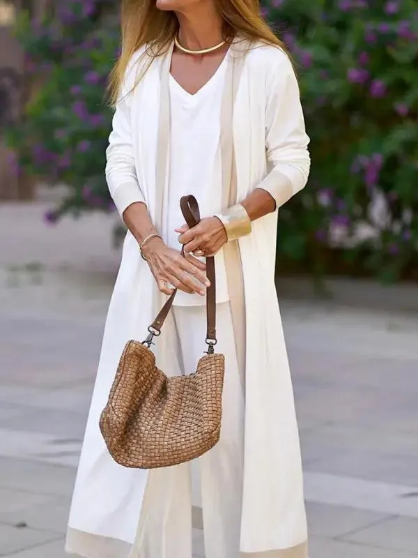 Women's Casual Contrasting Color Sleeveless Vest   Long Sleeve Cardigan Jacket   Trousers Three Sets