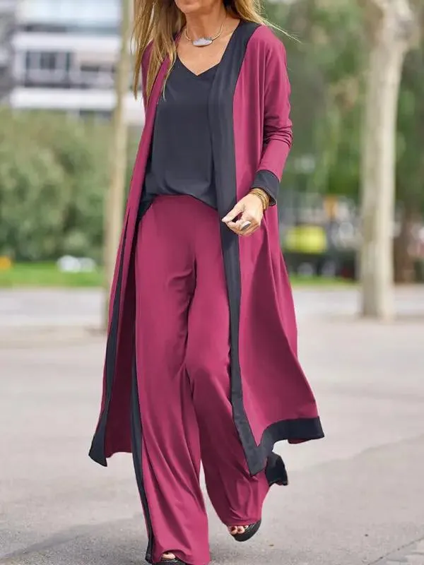 Women's Casual Contrasting Color Sleeveless Vest   Long Sleeve Cardigan Jacket   Trousers Three Sets