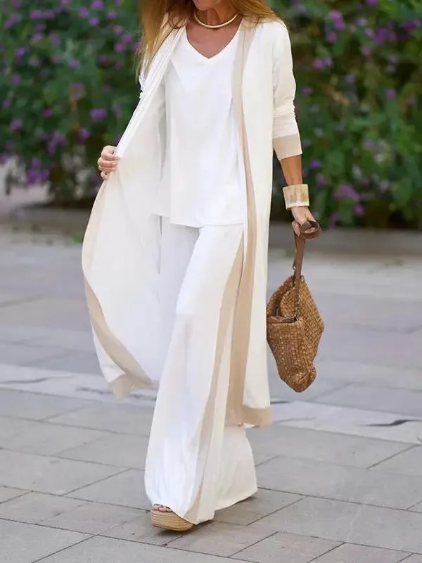 Women's Casual Contrasting Color Sleeveless Vest   Long Sleeve Cardigan Jacket   Trousers Three Sets