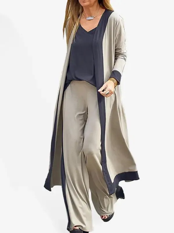 Women's Casual Contrasting Color Sleeveless Vest   Long Sleeve Cardigan Jacket   Trousers Three Sets