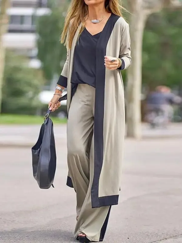 Women's Casual Contrasting Color Sleeveless Vest   Long Sleeve Cardigan Jacket   Trousers Three Sets