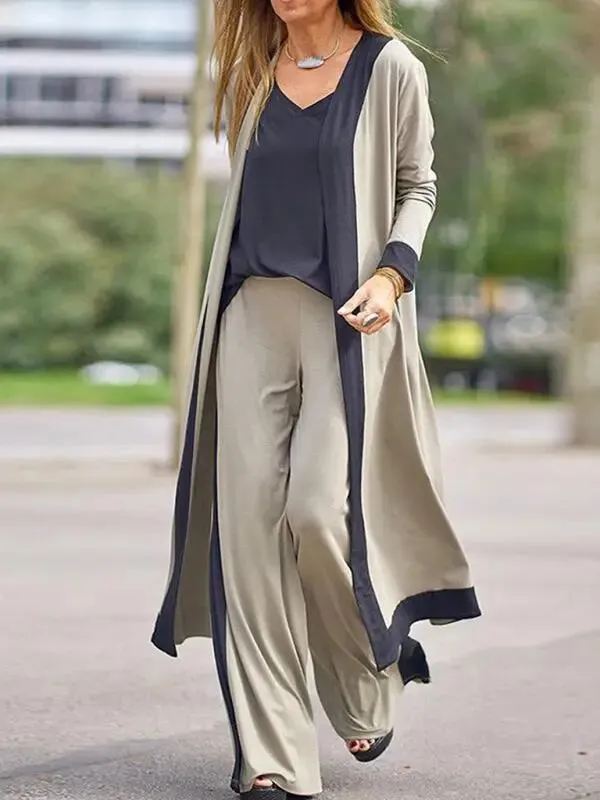 Women's Casual Contrasting Color Sleeveless Vest   Long Sleeve Cardigan Jacket   Trousers Three Sets