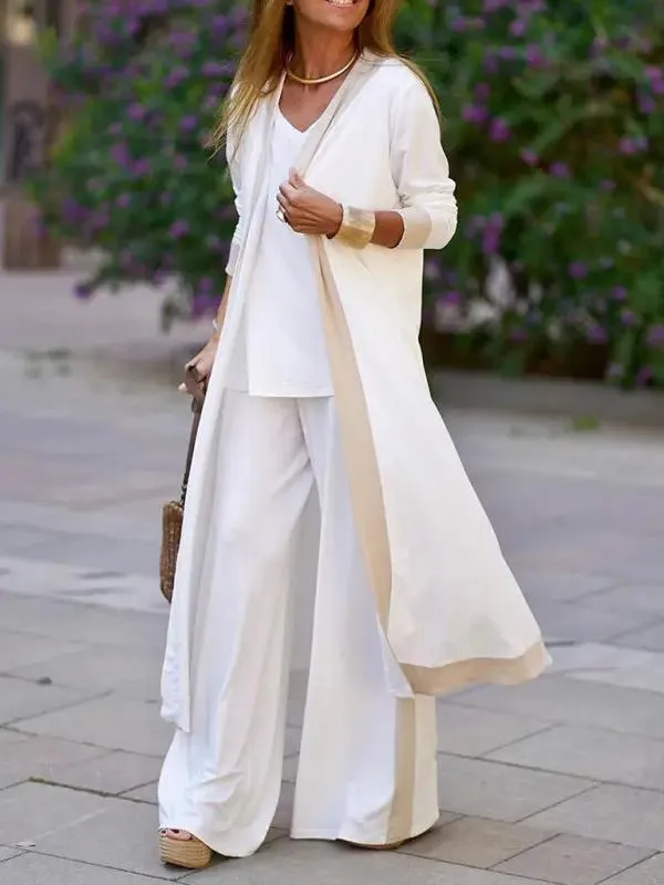 Women's Casual Contrasting Color Sleeveless Vest   Long Sleeve Cardigan Jacket   Trousers Three Sets