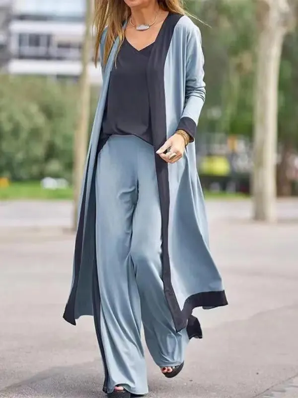 Women's Casual Contrasting Color Sleeveless Vest   Long Sleeve Cardigan Jacket   Trousers Three Sets