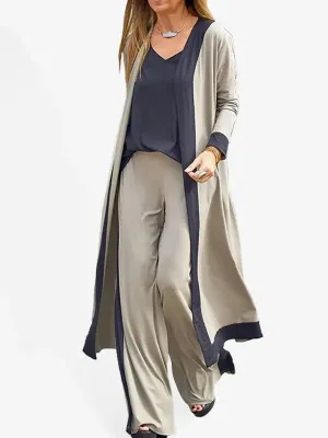 Women's Casual Contrasting Color Sleeveless Vest   Long Sleeve Cardigan Jacket   Trousers Three Sets