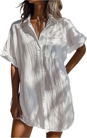 Womens Casual Cotton Linen Tops Button Down Short Sleeve Sun Shirts Lengther Summer Beach Cover Up Blouses with Pocket