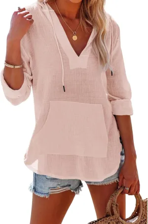 Women's Casual Lightweight Hoodies Linen Long Sleeve V Neck Pullover Sweatshirts Loose Fit Drawstring Tops Beachwear