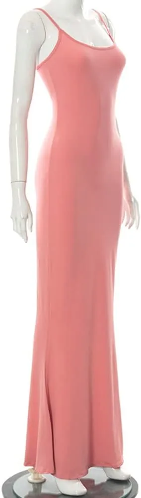 Women's Casual Lounge Slip Long Dress Sleeveless Bodycon Maxi Dresses Solid Color