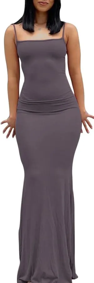 Women's Casual Lounge Slip Long Dress Sleeveless Bodycon Maxi Dresses Solid Color