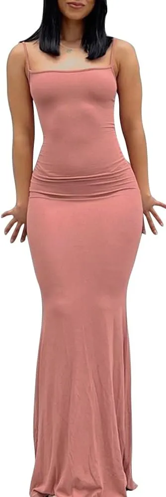 Women's Casual Lounge Slip Long Dress Sleeveless Bodycon Maxi Dresses Solid Color