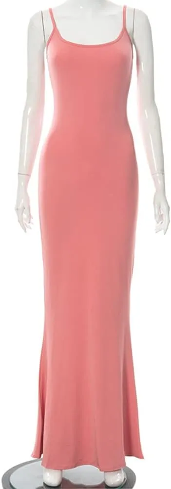 Women's Casual Lounge Slip Long Dress Sleeveless Bodycon Maxi Dresses Solid Color
