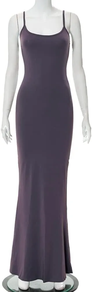 Women's Casual Lounge Slip Long Dress Sleeveless Bodycon Maxi Dresses Solid Color