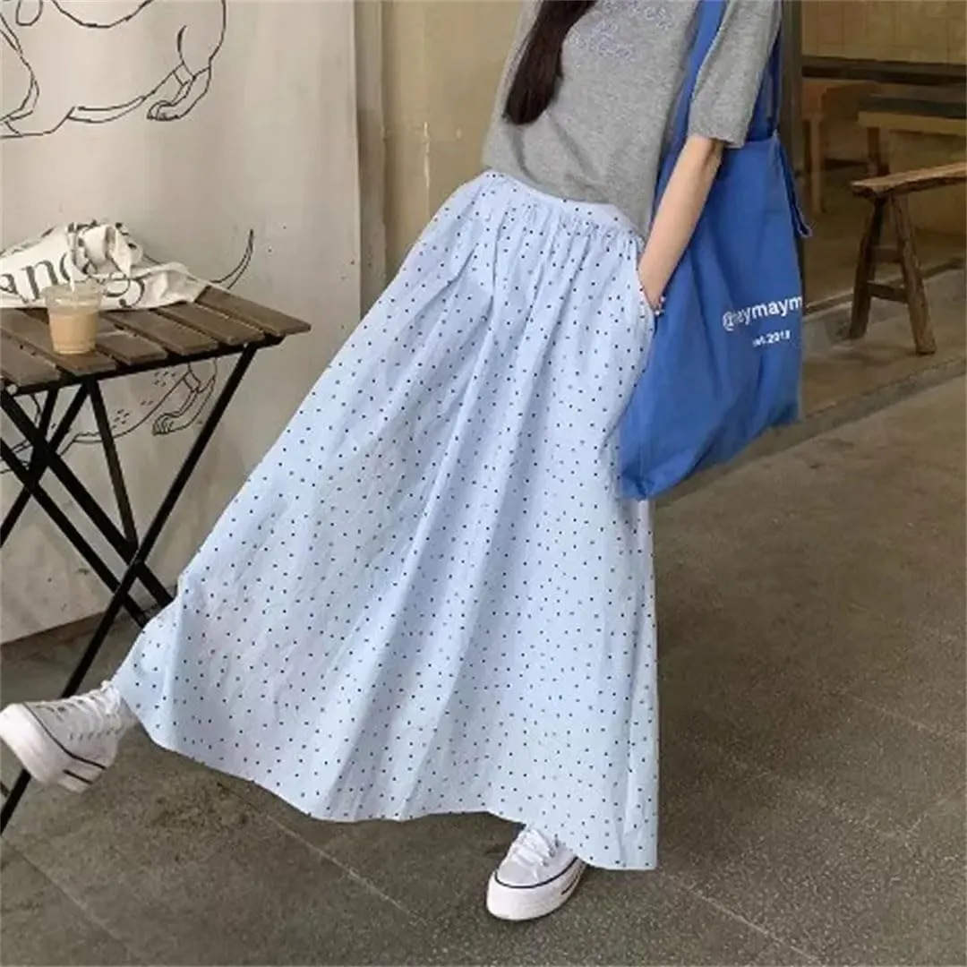 Women's Casual Polka Dot Loose Long Skirts Elegant A-Line High Waist Elastic Printed Skirts