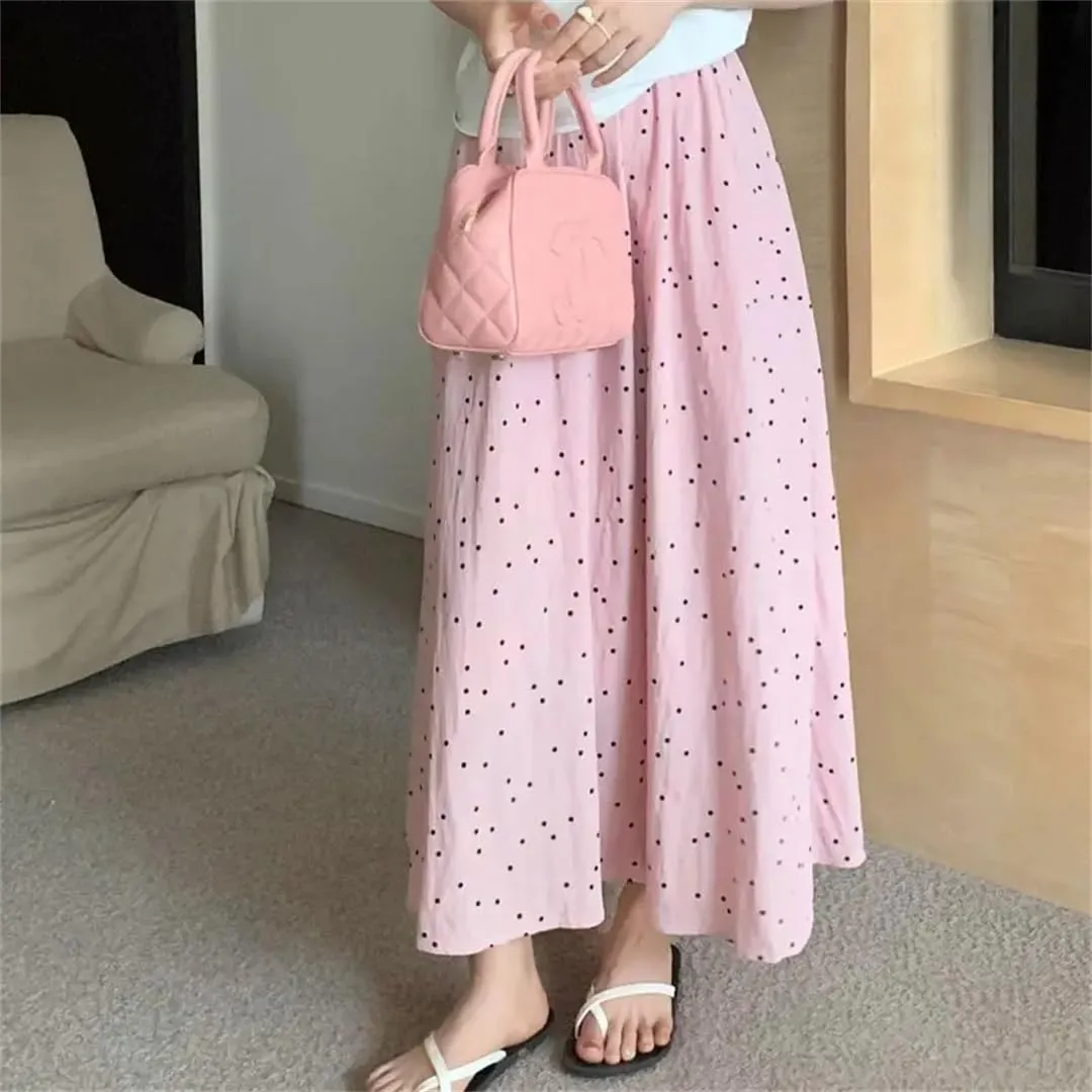 Women's Casual Polka Dot Loose Long Skirts Elegant A-Line High Waist Elastic Printed Skirts
