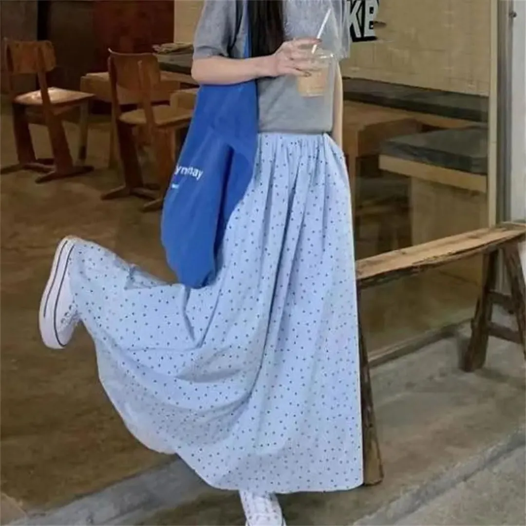 Women's Casual Polka Dot Loose Long Skirts Elegant A-Line High Waist Elastic Printed Skirts