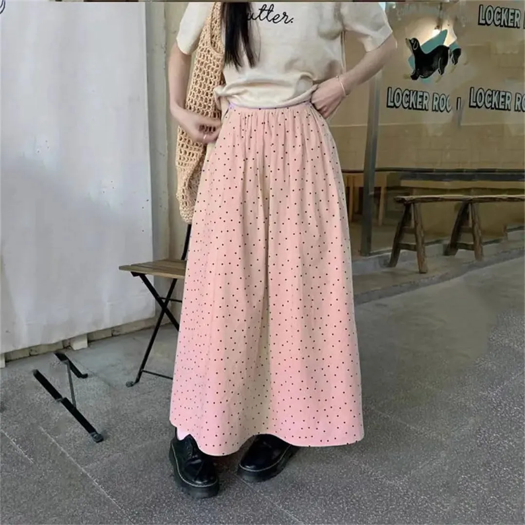 Women's Casual Polka Dot Loose Long Skirts Elegant A-Line High Waist Elastic Printed Skirts