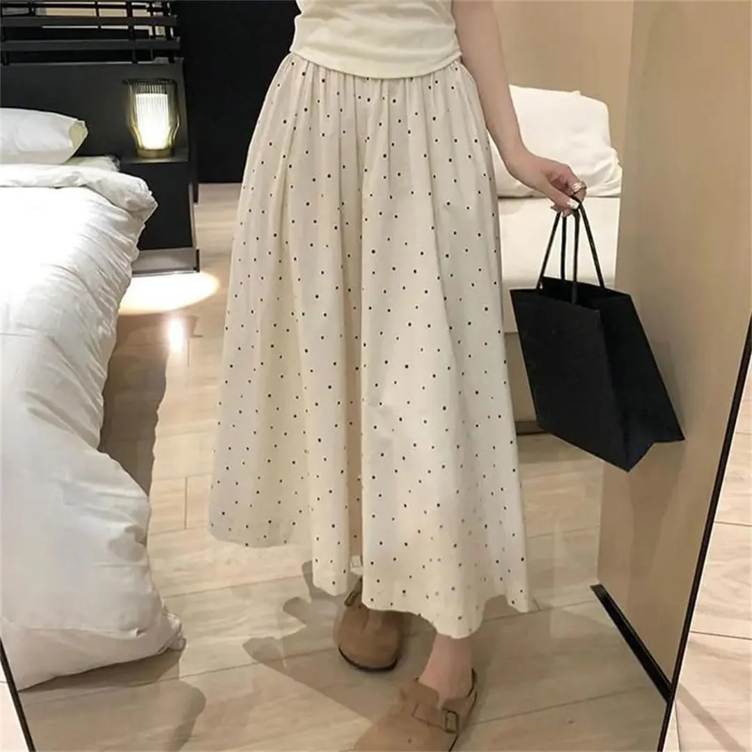 Women's Casual Polka Dot Loose Long Skirts Elegant A-Line High Waist Elastic Printed Skirts
