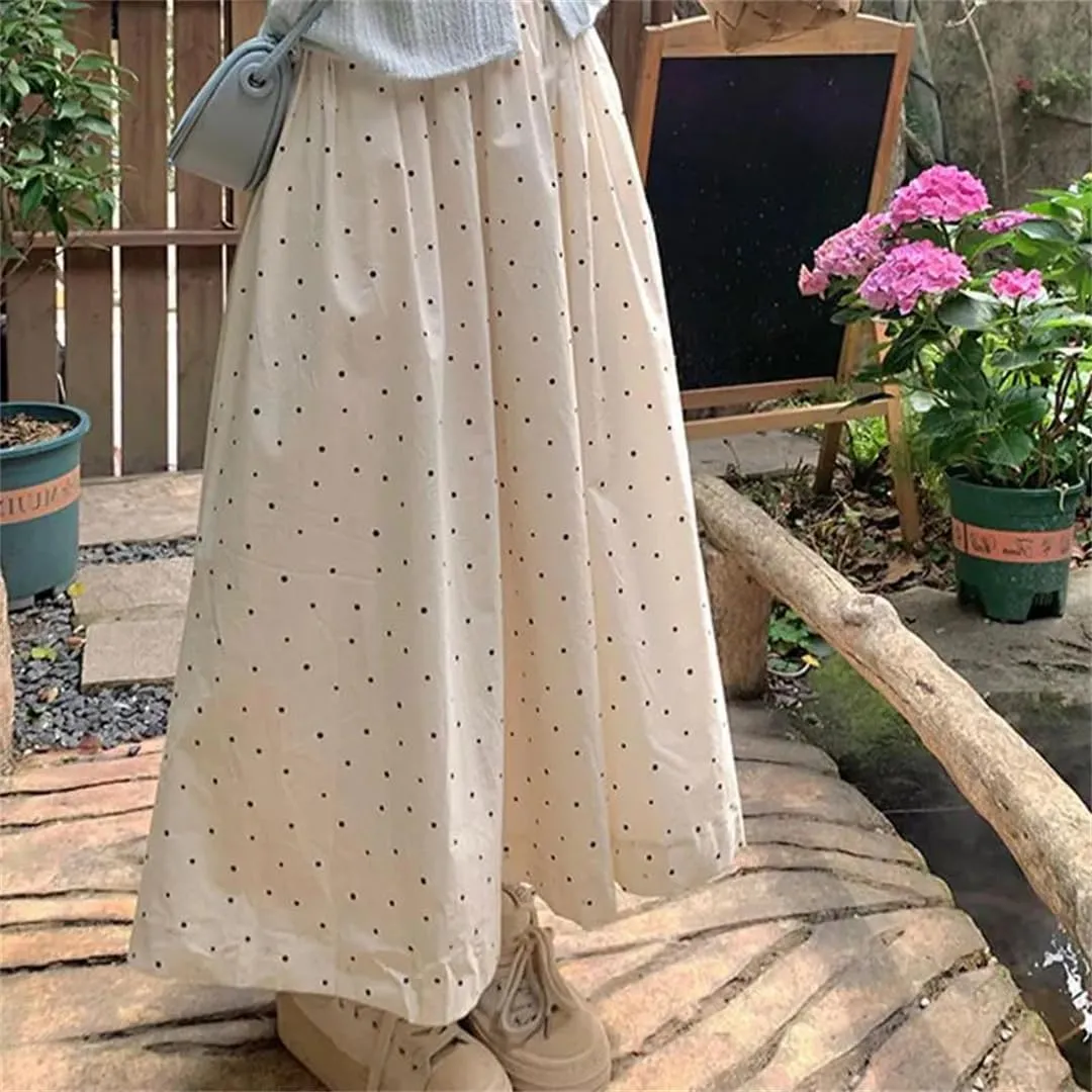 Women's Casual Polka Dot Loose Long Skirts Elegant A-Line High Waist Elastic Printed Skirts