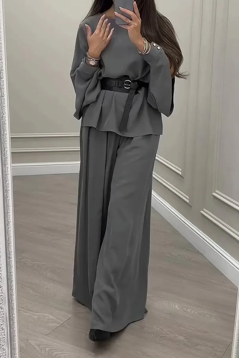Women's Casual Round Collar Collar, Side-opening Loose Two-piece Suit