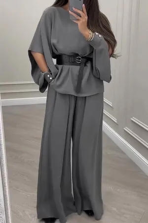 Women's Casual Round Collar Collar, Side-opening Loose Two-piece Suit