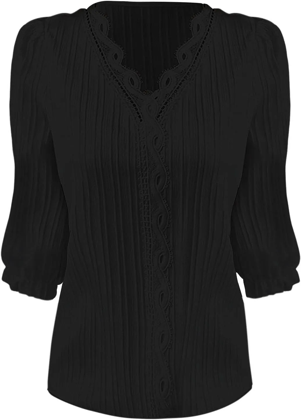 Women's Casual Summer Lace Shirt Plain Elegant 3/4 Sleeve V Neck Solid Color Tee Top Loose Fit Beach Vacation Blouses