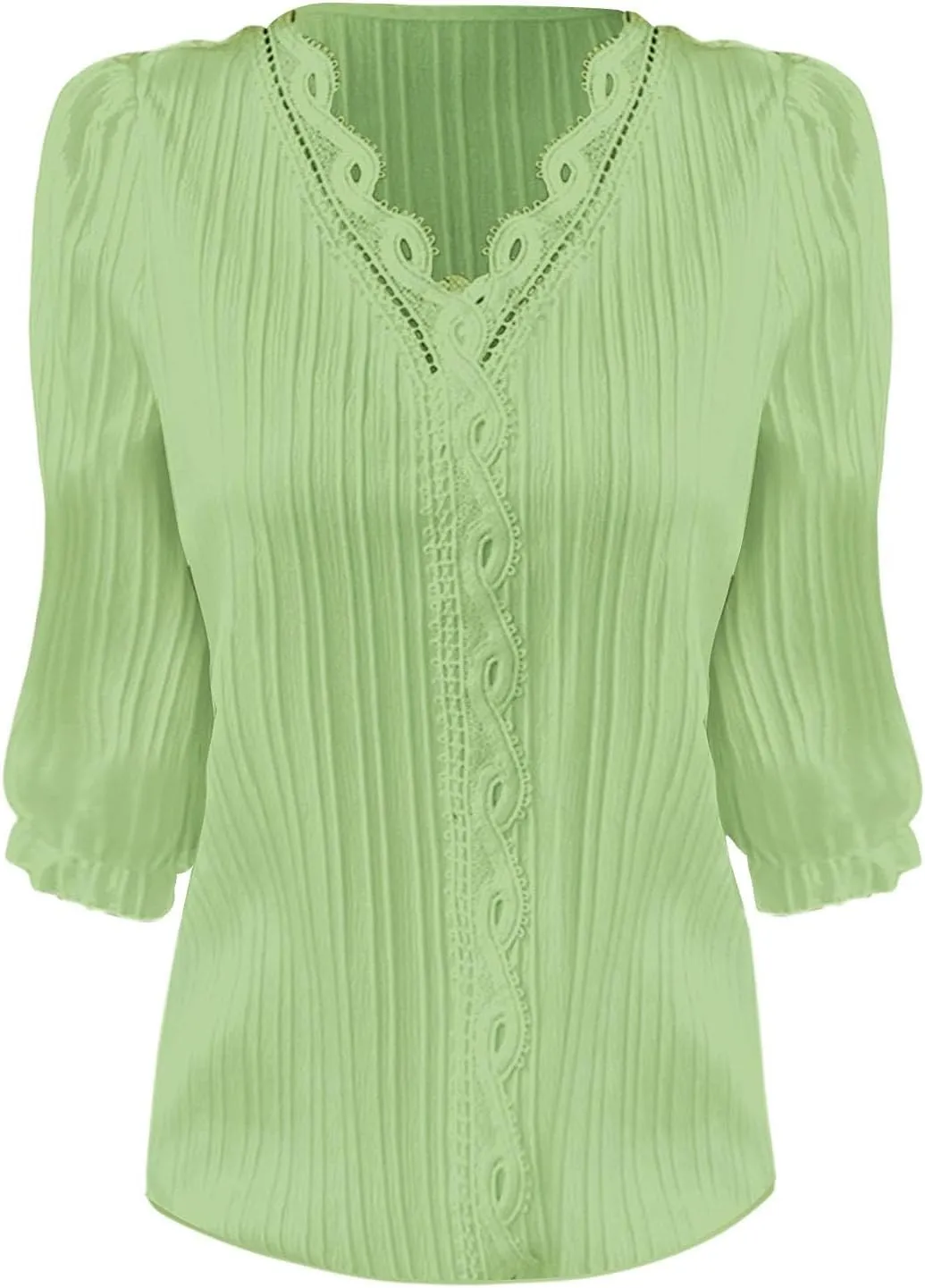 Women's Casual Summer Lace Shirt Plain Elegant 3/4 Sleeve V Neck Solid Color Tee Top Loose Fit Beach Vacation Blouses