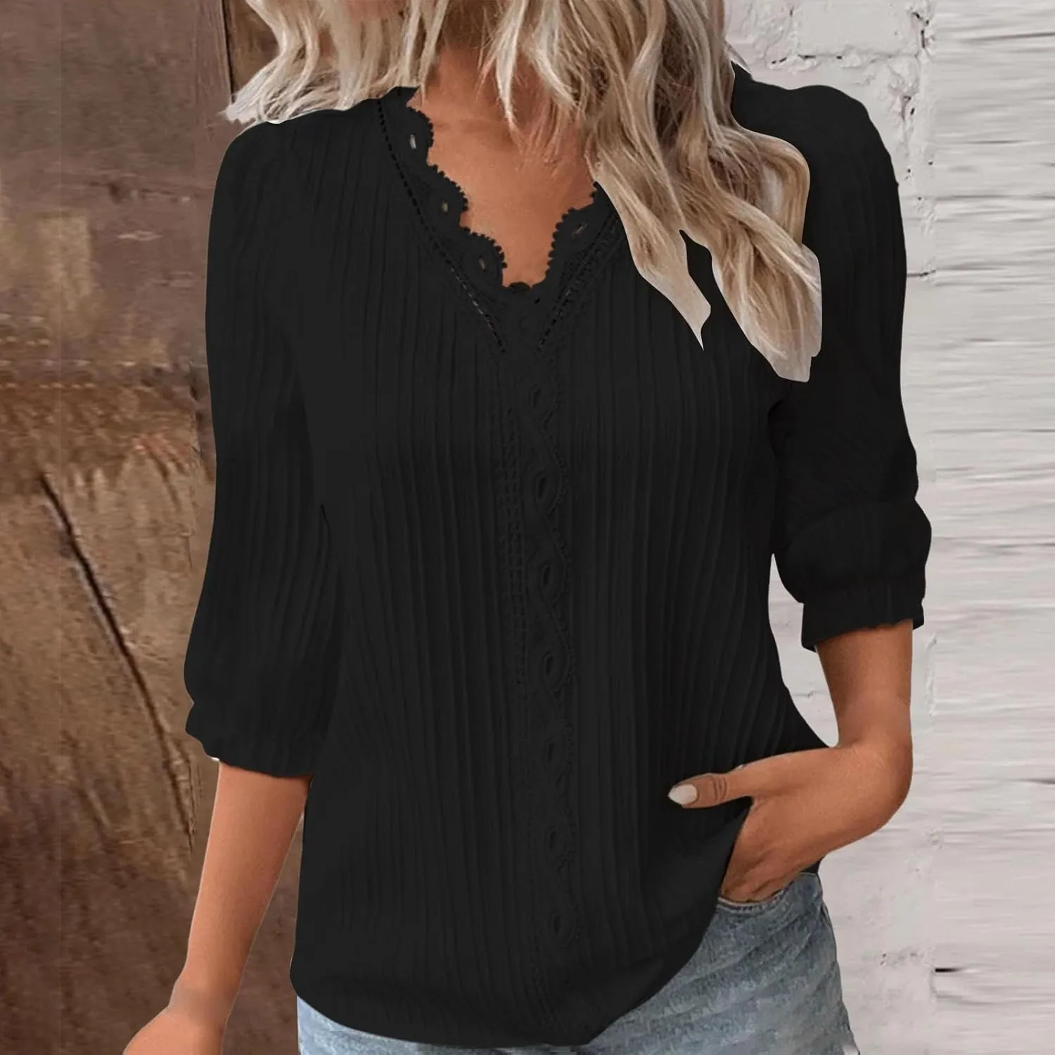 Women's Casual Summer Lace Shirt Plain Elegant 3/4 Sleeve V Neck Solid Color Tee Top Loose Fit Beach Vacation Blouses