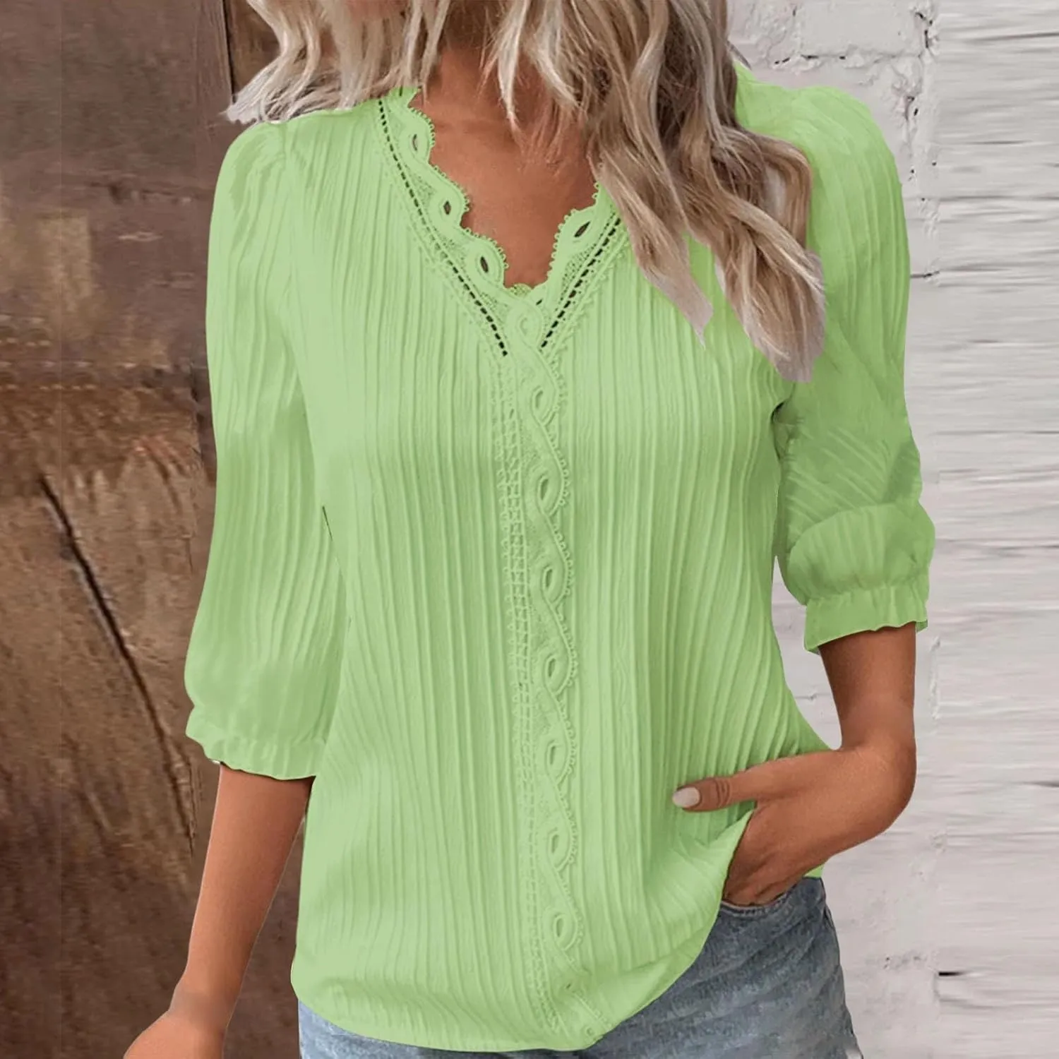 Women's Casual Summer Lace Shirt Plain Elegant 3/4 Sleeve V Neck Solid Color Tee Top Loose Fit Beach Vacation Blouses